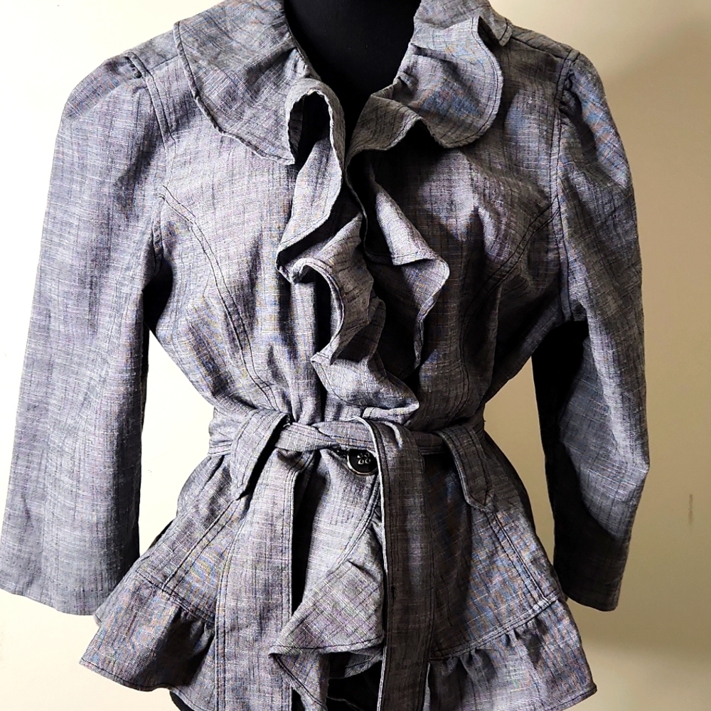 Gray herringbone plaid belted ruffle Belted Lightweight Preppy Peplum Coat